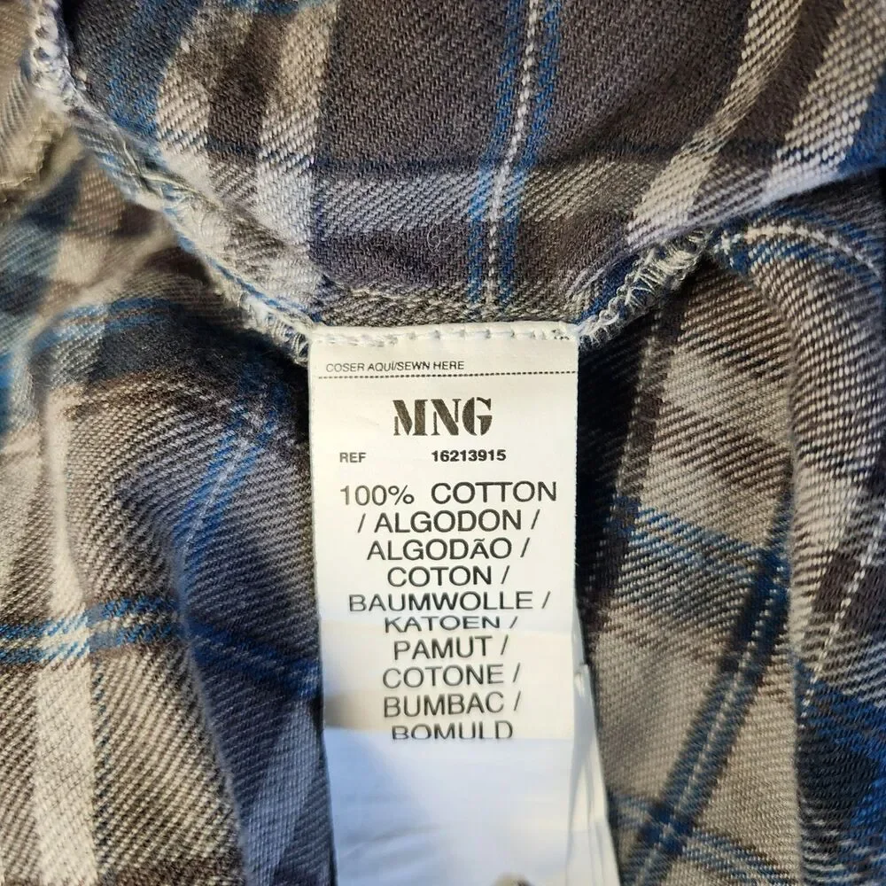 Mango MNG Plaid Tunic Shirt Dress Blue Gray Check 3/4 Sleeve Cotton Size Med - Picture 9 of 11